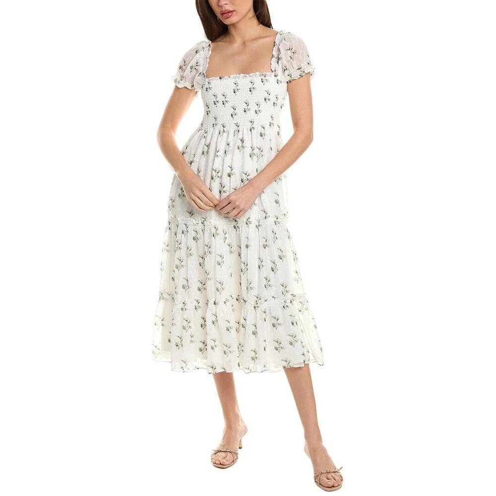 O.P.T. Tiered Cypress Midi Dress Smocked Bodice Women's White Size Large NWT